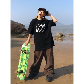 美式復古oversize短袖女夏季簡約印花重磅t恤寬松黑色體恤上衣ins