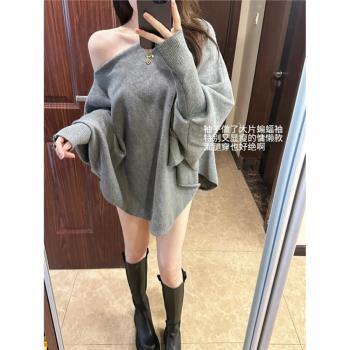 大碼女裝一字領露肩純欲風復古性感針織衫毛衣斗篷不規則上衣氣質