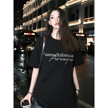 美式復古oversize短袖女夏季字母印花黑色情侶t恤寬松半袖上衣ins