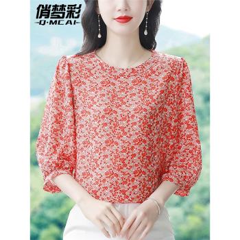 寬松遮肚子雪紡衫女士襯衫夏款碎花中袖上衣女七分袖高階媽媽小衫
