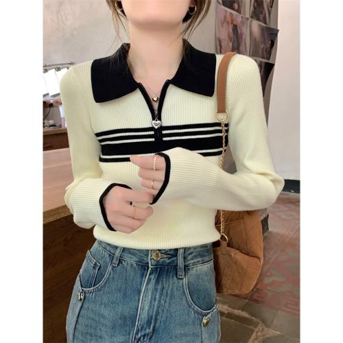半拉鏈polo領針織衫女秋冬季內搭打底毛衣條紋高級設計感小眾上衣