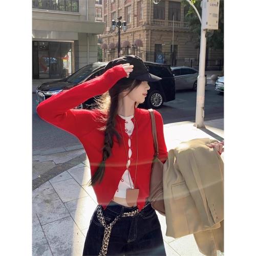 紅色設計感小眾假兩件長袖針織衫女早秋內搭修身顯瘦短款打底上衣