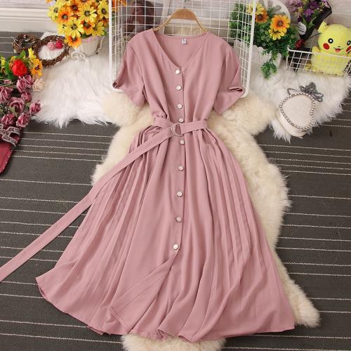 茶歇法式復古V領單排扣連衣裙短袖系帶收腰顯瘦淑女氣質百褶裙子