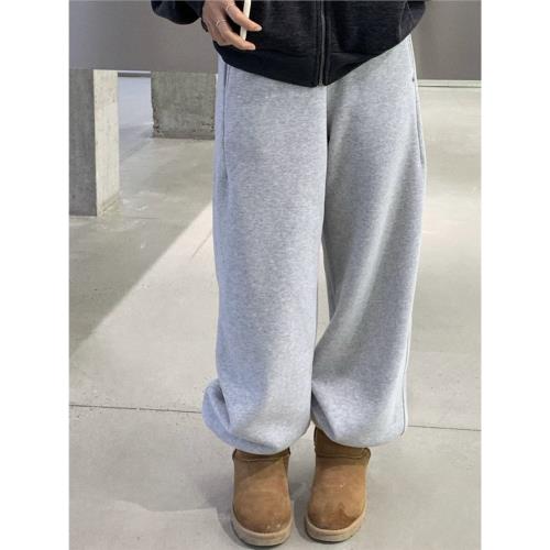 加厚兩穿休閑束腳運動褲女2024秋冬韓版抽繩闊腿休閑褲加絨衛褲潮