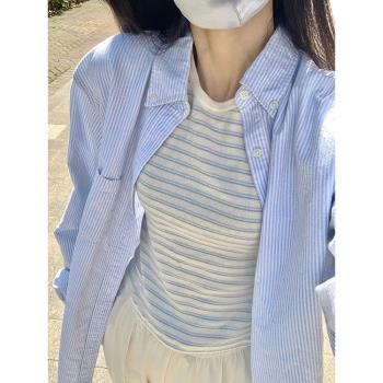 小個子藍色條紋防曬襯衫長袖上衣