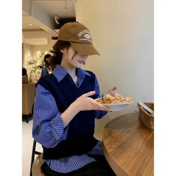 韓系學院風穿搭疊穿針織馬甲女秋冬藏青色軟糯毛衣無袖上衣兩件套