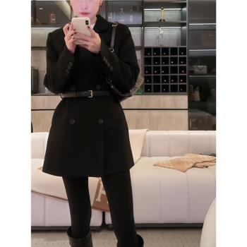 高階感黑色羊毛西裝外套女中長款2025春季新款加厚氣質腰帶修身