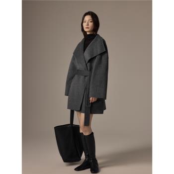 高階設計感大翻領短款雙面羊絨大衣小個子慵懶羊呢子外套女2024冬