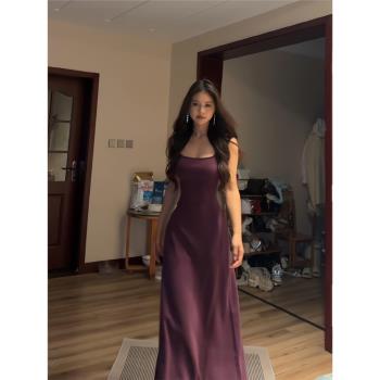 辣妹紫色無袖吊帶連衣裙女裝夏季性感修身收腰顯瘦氣質包臀長裙子