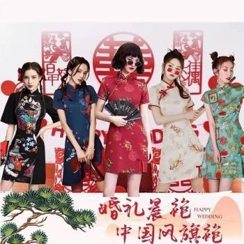 閨蜜迎親中式伴娘服婚禮紅色旗袍