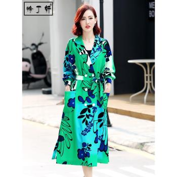 薄款女式長風衣外套輕薄單層2025年新款初春時尚休閑綠色過膝長款