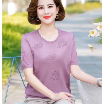 中老年夏裝洋氣上衣2022新款媽媽T恤女薄款小衫寬松針織短袖汗衫