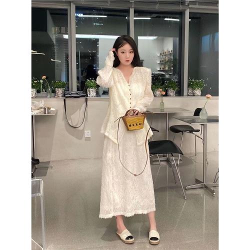 大碼微胖高級感蕾絲提花V領開衫半身裙兩件套胖MM春夏女顯瘦套裝