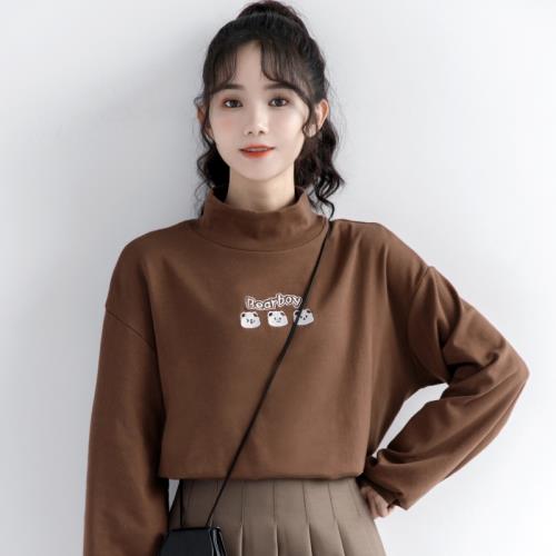 2025冬季新款卡通印花咖色半高領打底衫女冬寬松內搭上衣長袖T恤