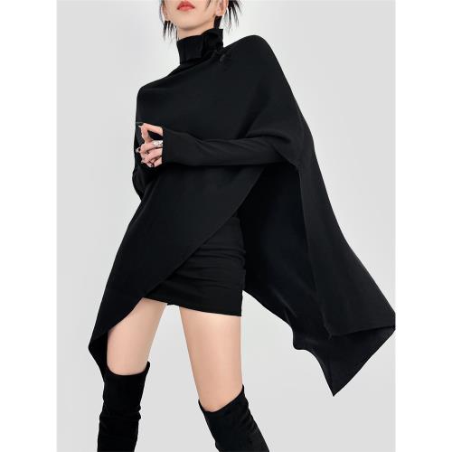 DOUBLE Z 高級氛圍感疊穿不規則高領系扣針織披肩斗篷毛衣外套女