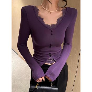 美式辣妹蕾絲拼接長袖T恤女秋冬2025新款磨毛加絨打底衫修身上衣