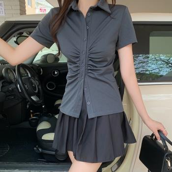 大碼胖mm褶皺短袖襯衫女夏季2022新款法式設計感收腰顯瘦氣質上衣