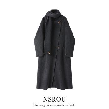 NSROU韓系雙面羊絨灰色大衣女羊毛外套秋冬季加厚高階感圍脖風衣