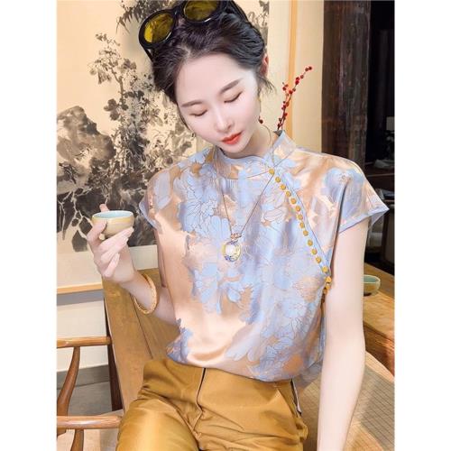 仿真絲復古立領斜襟襯衫女2025夏季新款中式女裝寬松顯瘦短袖上衣