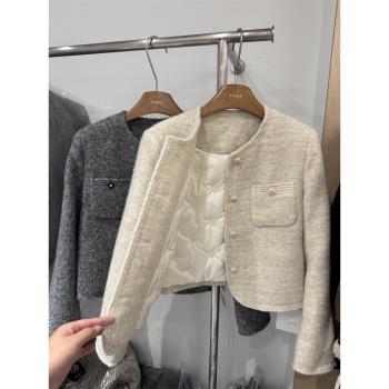 灰色羊毛呢小香風羽絨服女冬新款短款小個子高階感加厚白鴨絨外套
