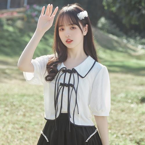 帛卡琪2024夏季新款寬松復古短袖襯衫女短款娃娃領國風盤扣襯衣潮