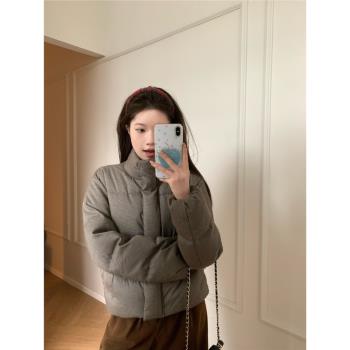 Viiwen 韓國歐尼 小眾設計感保暖立領細千鳥格短款加厚羽絨服冬