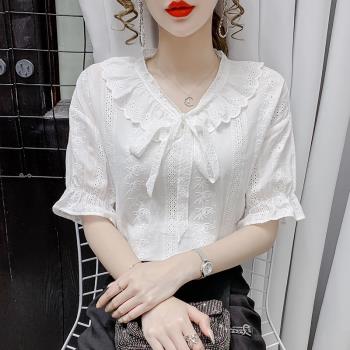 洋氣法式短袖蕾絲衫女夏季薄款2025年韓版減齡荷葉邊V領襯衫上衣
