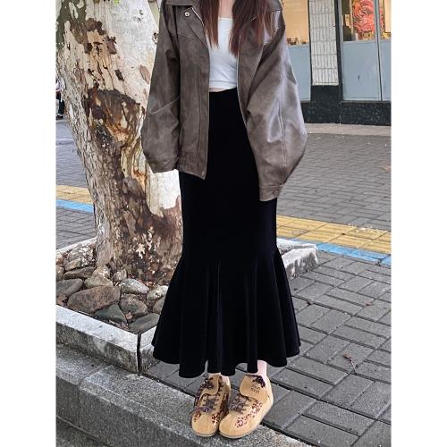 金絲絨魚尾半身裙女2025春夏高腰A字高級感垂感顯瘦絲絨包臀長裙