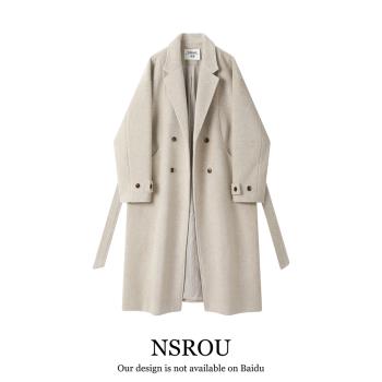 NSROU韓系中長款寬松休閑雙面羊絨大衣秋冬季女羊毛呢子西裝外套