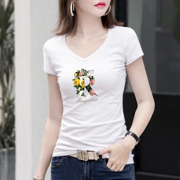 白色短袖T恤女2025年夏季新款小雛菊V領上衣女裝修身打底衫女內搭
