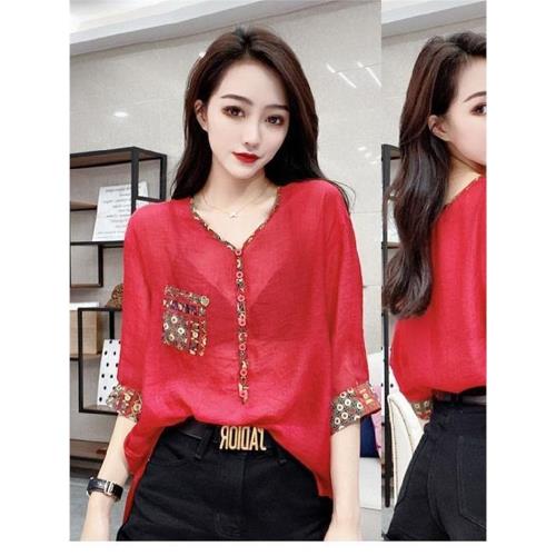 歐洲站 2024春夏新款歐貨法式復古拼色印花襯衫女v領寬松紐扣上衣