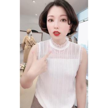 早春2024新款百搭蕾絲領精紡綿羊毛打底衫女內搭時髦洋氣背心上衣