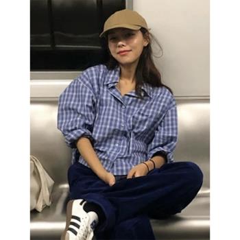 chic復古寬松單排扣格子長袖襯衫
