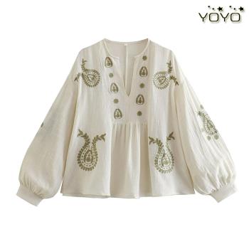 YOYO 歐美風外貿女裝新款法式復古V領寬松長袖百搭刺繡襯衫