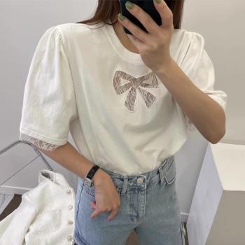 韓國chic夏季小眾百搭圓領鏤空蕾絲蝴蝶結設計寬松休閑短袖T恤女