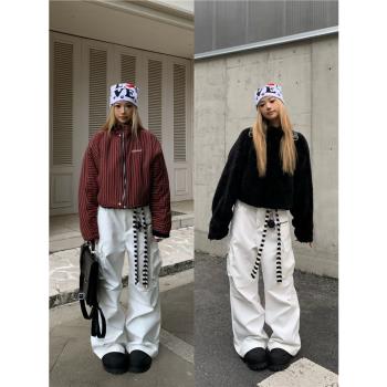 珍珍很懶美式復古條紋兩面穿棉服短款保暖外套咖色羊羔毛冬季情侶