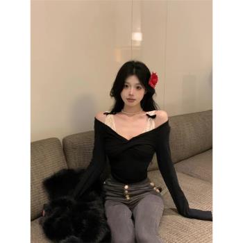 春季復古性感辣妹蕾絲拼接撞色修身針織衫大碼時尚百搭蝴蝶結上衣