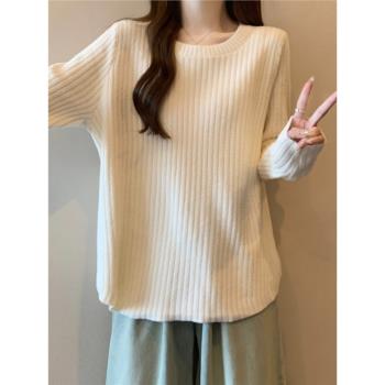 大碼女裝坑條內搭毛衣針織衫女春秋胖mm遮肚子寬松顯瘦上衣打底衫