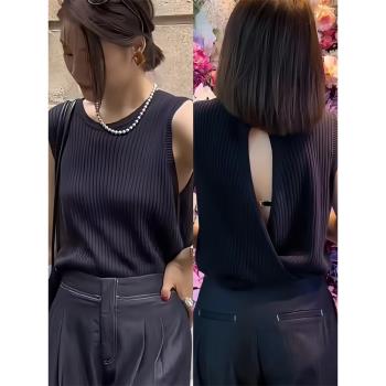 無袖坎肩冰絲針織衫女裝2024新款夏季設計感小眾薄款後背鏤空上衣