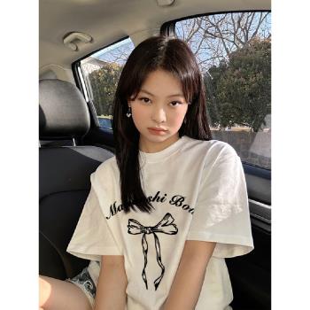 純棉美式復古正肩短袖t恤女2024新款設計感小眾港味chic半袖上衣