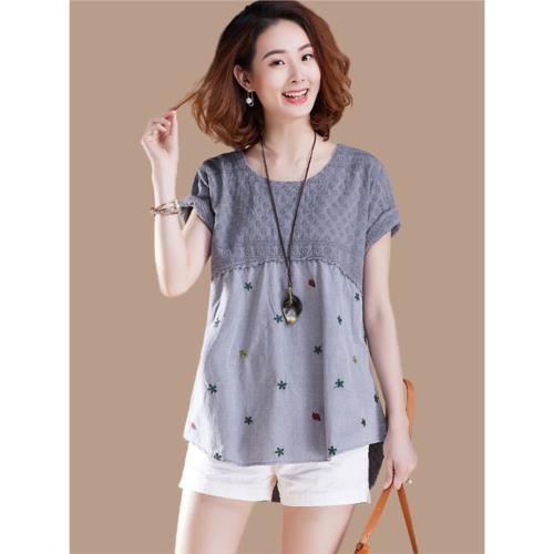 素木大碼中長款刺繡拼接棉麻T恤寬松短袖上衣女裝2025夏裝新款