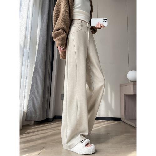 加絨杏色毛呢香蕉闊腿褲女秋冬季新款垂感寬松直筒百搭休閑彎刀褲