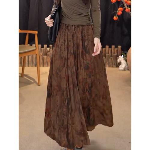 文藝復古A字大擺半身裙2024秋冬新款小眾慵懶風簡約系帶高腰長裙