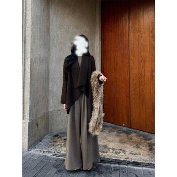 復古咖色褶皺高腰闊腿褲女2025年春秋新款加厚寬松顯瘦西裝拖地褲