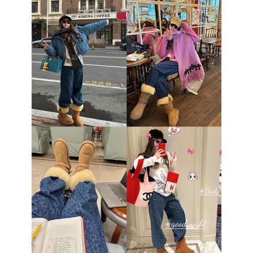 tingtings 復古山茶花牛仔褲女秋冬新款寬松直筒褲印花褲子加絨褲