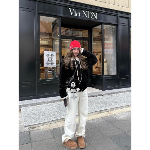 tingtings 白色加絨褲子直筒牛仔褲女秋冬新款加厚休閑褲拖地長褲