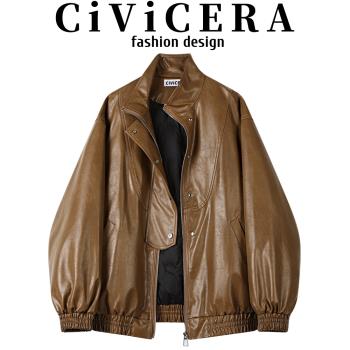 CIVICERA高階感復古百搭羽絨內膽皮衣外套女秋冬款寬松機車服夾克