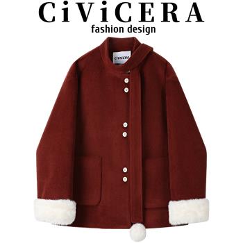 CIVICERA高階感復古氣質加絨呢子外套女秋冬款設計感加厚毛呢大衣