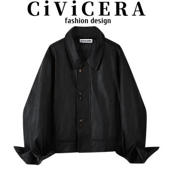 CIVICERA高階感復古氣質機皮衣短外套女秋冬款加厚寬松機車服夾克