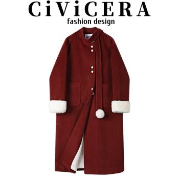 CIVICERA高階感聖誕紅氣質加絨呢子大衣女冬加厚保暖長款毛呢外套